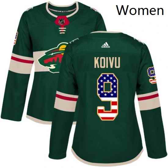 Womens Adidas Minnesota Wild 9 Mikko Koivu Authentic Green USA Flag Fashion NHL Jersey